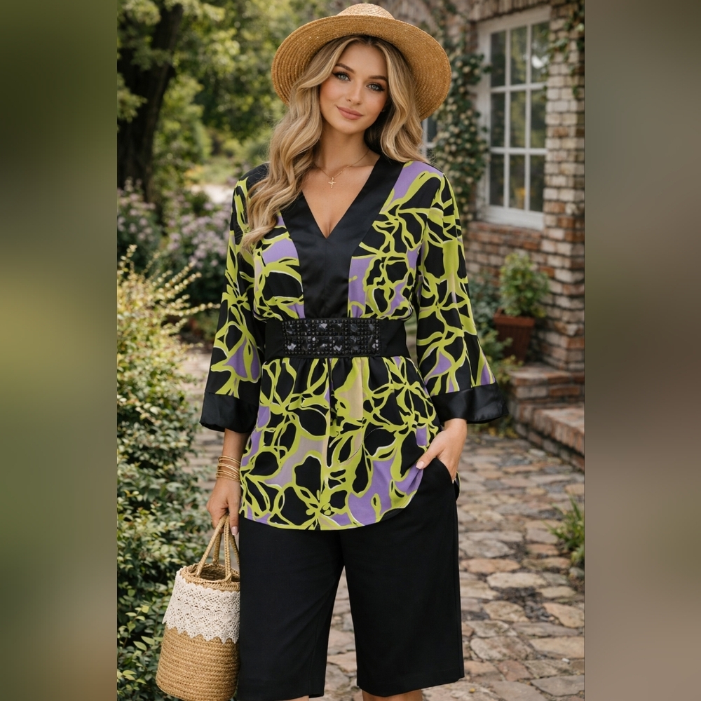 Isabella Rodriguez Abstract Print Blouse 3X Black Green Purple V-Neck